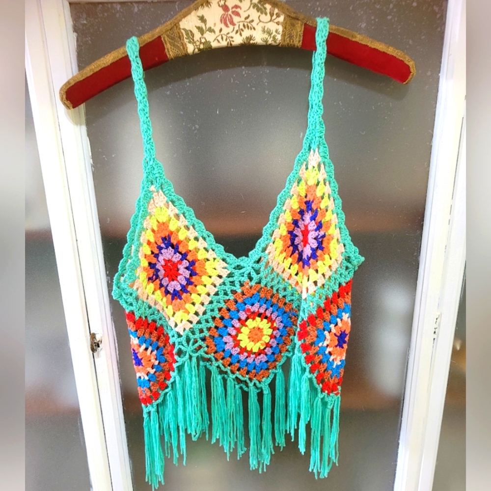 Handmade Colorful Crochet Fringe Top Babydoll Romantic Y2K Festival Fairy - Picture 2 of 6